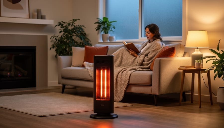 Eye-level photo of a modern black infrared tower heater about four feet from a sofa, casting a warm orange glow on a person reading under a blanket, with an unlit fireplace and frosted window softly blurred in the background.