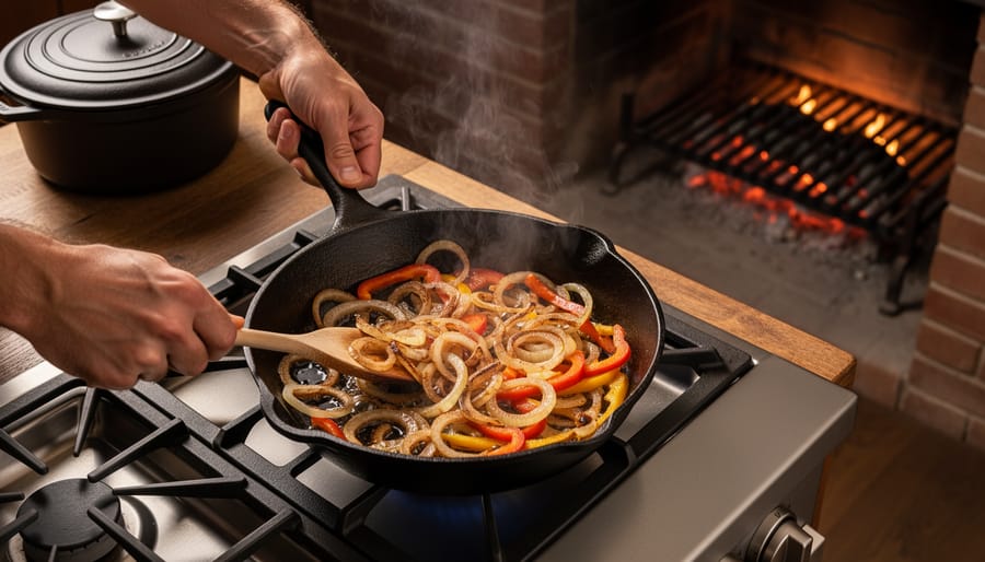 Hands sauté onions and peppers in a cast-iron skillet on a gas stove, with a blurred brick fireplace and grill grate glowing in the background.