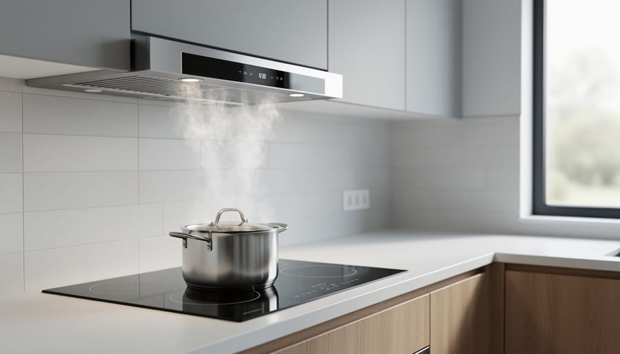Stainless steel vent fan insert mounted over a modern cooktop drawing steam from a stockpot in a bright contemporary kitchen with wood cabinets and a tile backsplash.