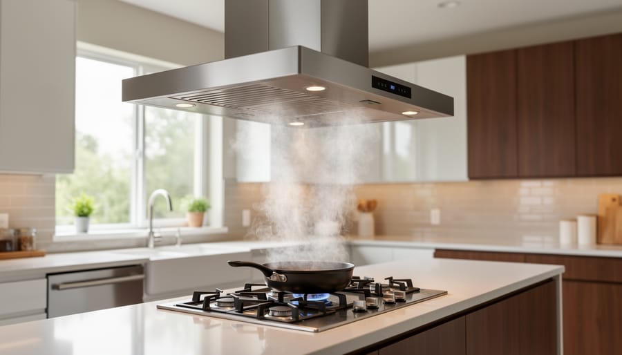 Stainless steel kitchen vent fan operating above gas range with visible steam being extracted