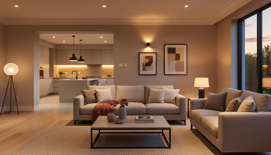 Open-plan living room at dusk with warm ceiling ambient light, a corner floor lamp, a table lamp by the sofa, wall sconces highlighting artwork, and softly glowing kitchen pendants and under-cabinet lights in the background.