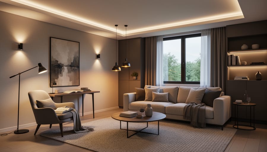 Living room showcasing three types of lighting - ambient ceiling lights, task reading lamp, and accent wall lighting