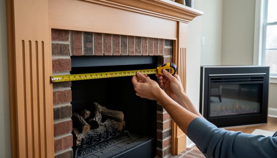 Homeowner measuring fireplace opening with tape measure for insert installation