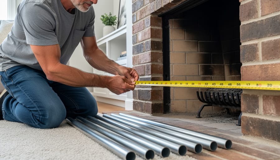 Person measuring fireplace opening width with tape measure