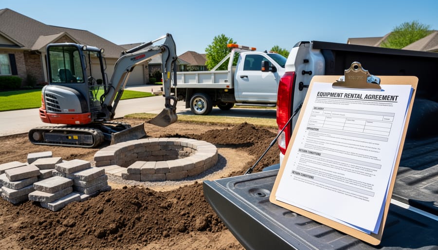 Mini excavator positioned next to outdoor fire pit construction site in residential yard