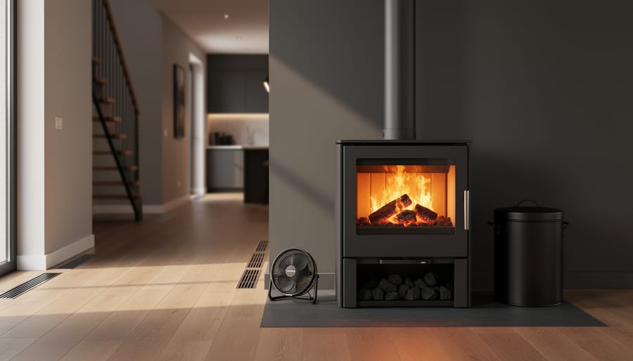 Modern anthracite coal stove with a glowing fire in a contemporary open-plan living room, with hallway, staircase, floor vents, a small fan, and a tidy coal bin, all lit by warm evening light