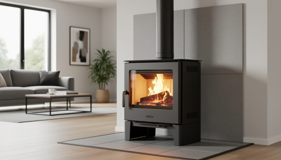 Modern coal stove heating a living room with family in comfortable setting