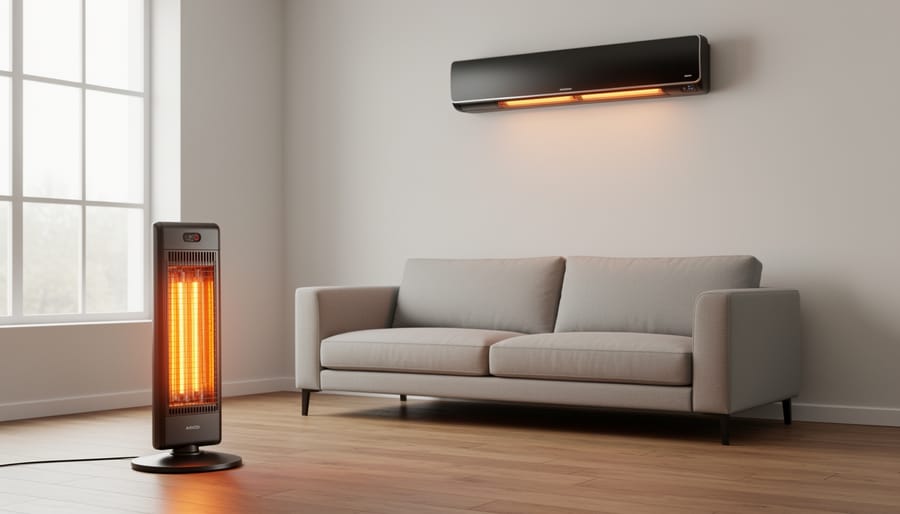 Freestanding and wall-mounted infrared heater styles shown in bedroom setting