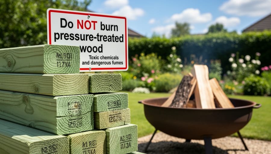 Stack of pressure-treated lumber showing chemical treatment marks and green tint