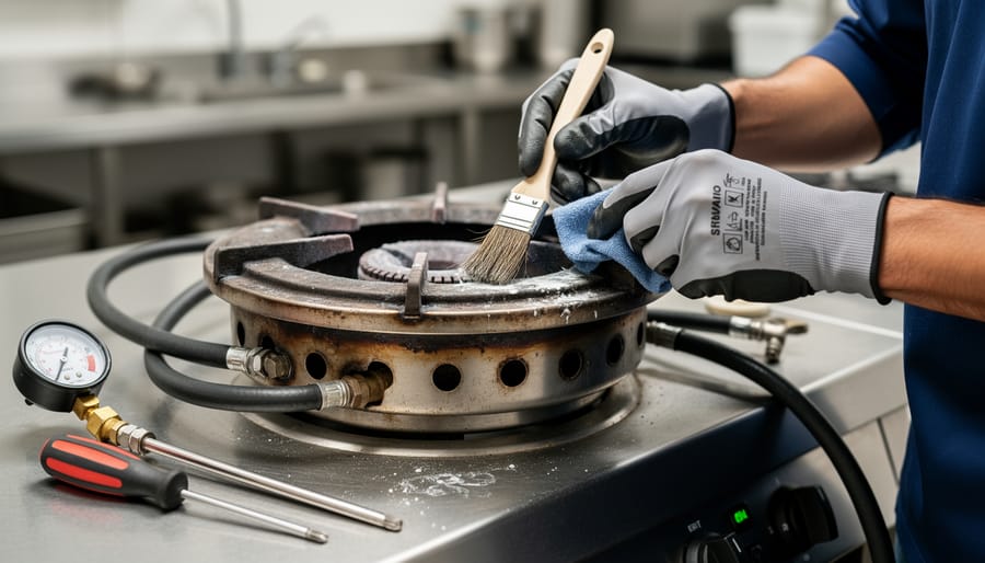Person cleaning stainless steel propane burner with cloth demonstrating proper maintenance