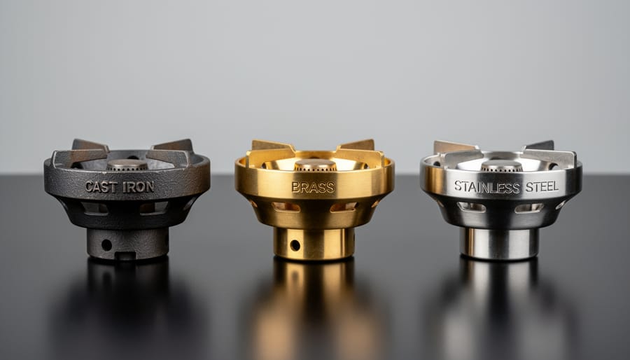 Comparison of cast iron, brass, and stainless steel propane stove burners showing different material finishes