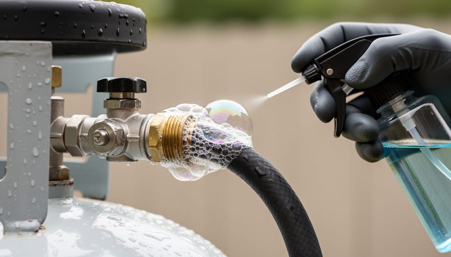 Close-up of hands applying soap bubble solution to propane hose connection for leak detection