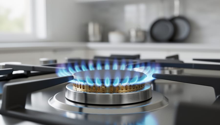 Close-up three-quarter view of a stainless steel propane stove burner with brass ports producing a steady blue flame, sharp focus on burner head, blurred modern kitchen background.