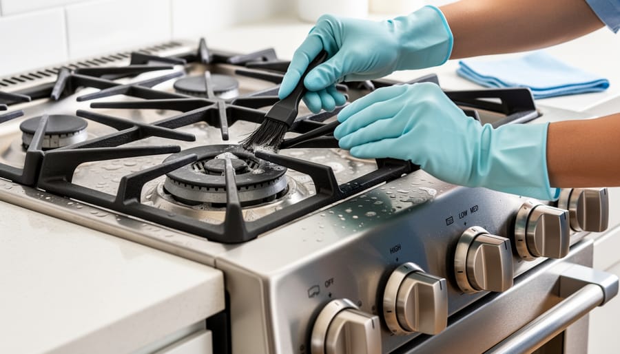 Hands cleaning propane stove burner with wire brush during routine maintenance