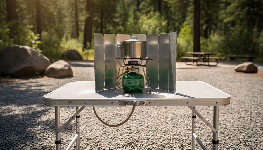 Propane camping stove with blue flames operating safely on stable outdoor table