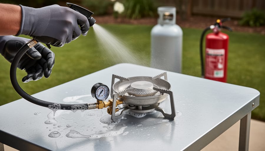Gloved hands spray soapy water on the hose and regulator fittings of a portable propane stove on a metal table outdoors, with an upright propane cylinder attached and a red fire extinguisher nearby in a well-ventilated backyard.