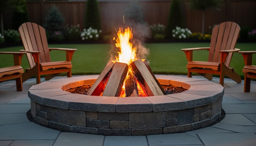 Clean-burning fire pit with bright flames from hardwood at dusk