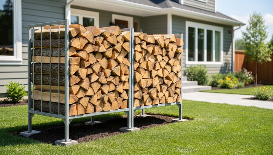 Firewood stacked on elevated rack positioned away from house exterior