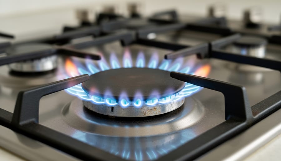 Close-up of blue propane flame burning on stove burner showing proper combustion