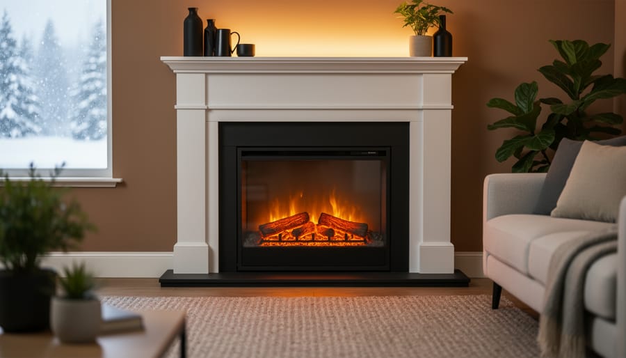 Quartz infrared electric fireplace insert glowing with realistic flames in a traditional mantel within a contemporary living room, with sofa, plants, and a snowy window softly blurred in the background.