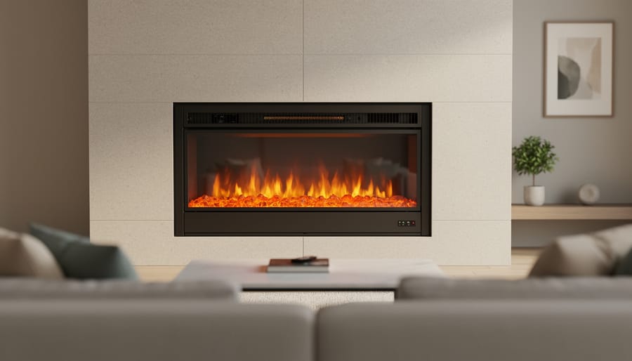 Contemporary quartz infrared fireplace insert with glowing flames in modern living room setting