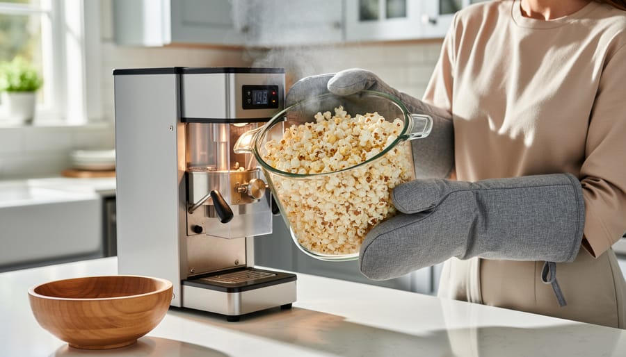 Hands carefully removing lid from W&P popcorn popper with steam rising
