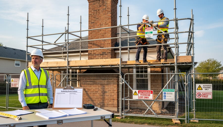 Scaffolding structure erected against residential chimney for repair work