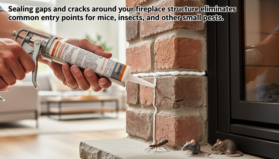 Hand applying sealant to gap around fireplace surround during home maintenance