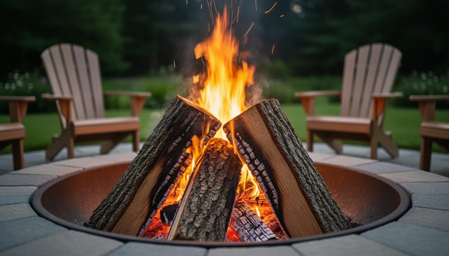 Stack of properly seasoned hardwood firewood showing split ends and dried bark