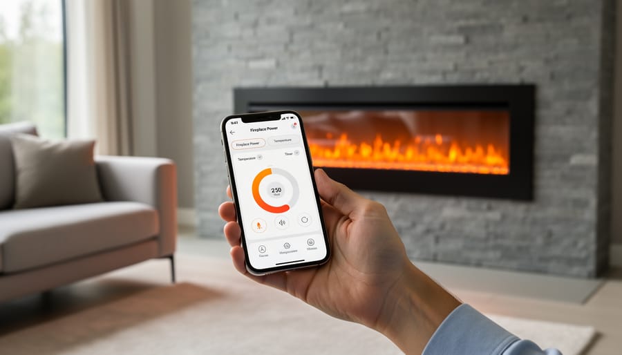 Hand holding smartphone with fireplace control app and glowing fireplace in background