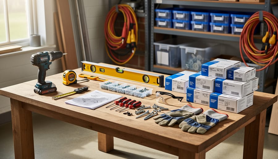 Overhead view of essential tools and materials needed for kitchen vent fan installation