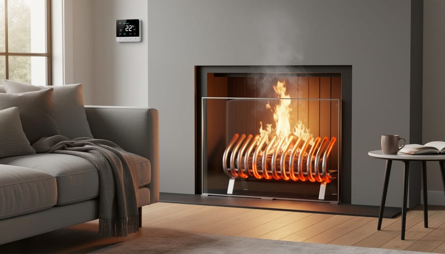 Cozy living room with fireplace creating warm comfortable atmosphere