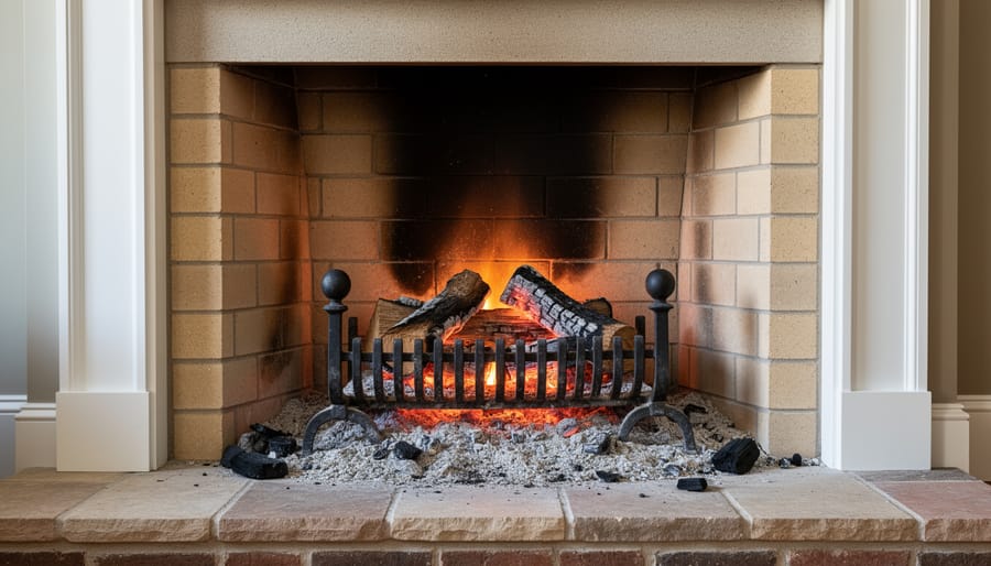 Interior of wood-burning fireplace showing firebrick walls, metal grate, and ash residue