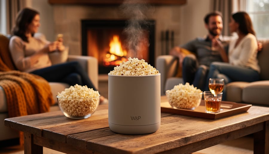 W&P silicone popcorn popper filled with fresh popcorn near a fireplace