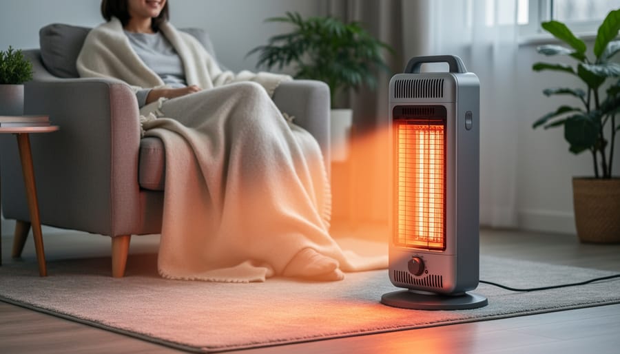 Woman relaxing with book near portable infrared heater in cozy home setting