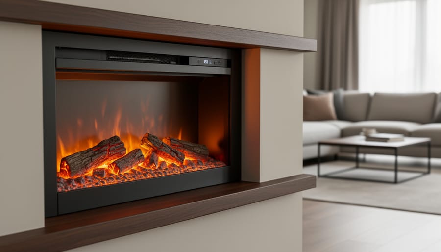 3D electric fireplace insert in a modern living room, showing layered LED flames and ember bed with detailed logs.