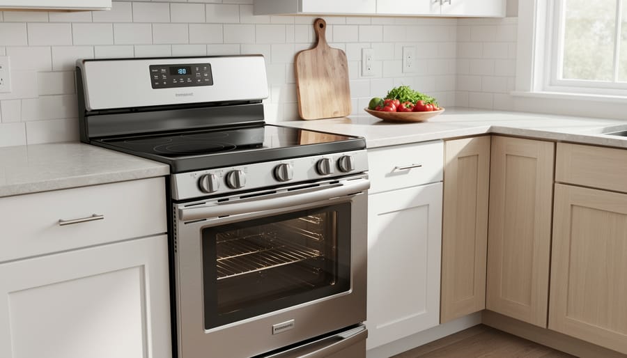 A modern electric range in a bright home kitchen with the oven door open