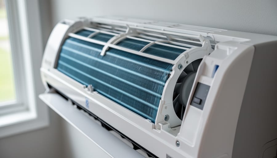 Close-up of a fan coil unit with the front grille removed, showing clean aluminum coil fins and fan blades.