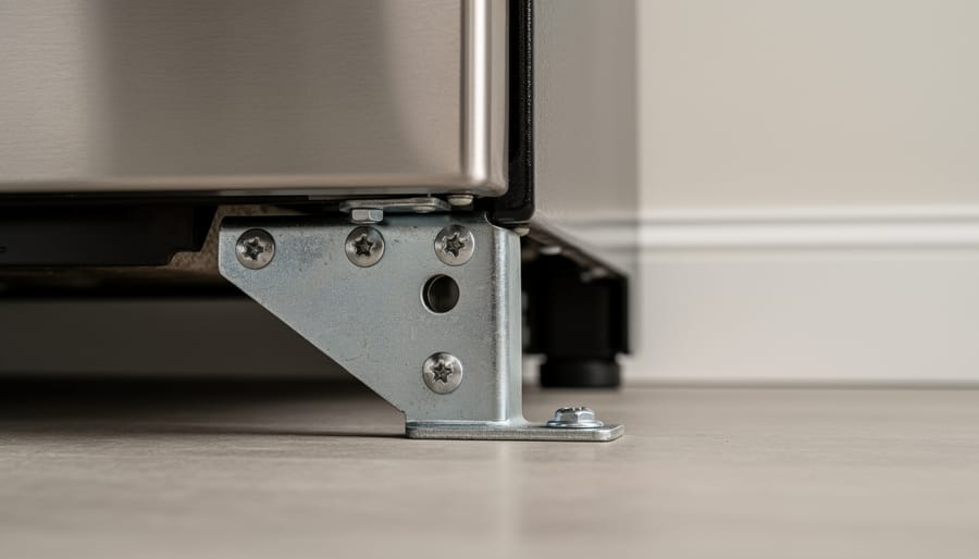Close-up of a range anti-tip bracket securing the stove to the floor