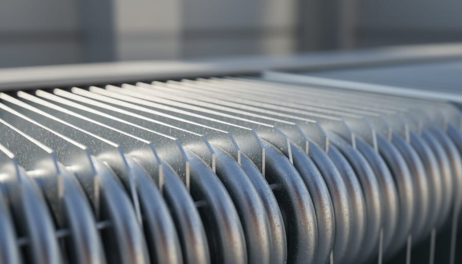 Close-up of clean copper coil fins inside a fan coil unit showing reduced dust buildup.