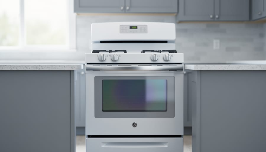 “Modern white GE electric stove in a bright kitchen, photographed at eye level to suggest checking recall safety concerns.”