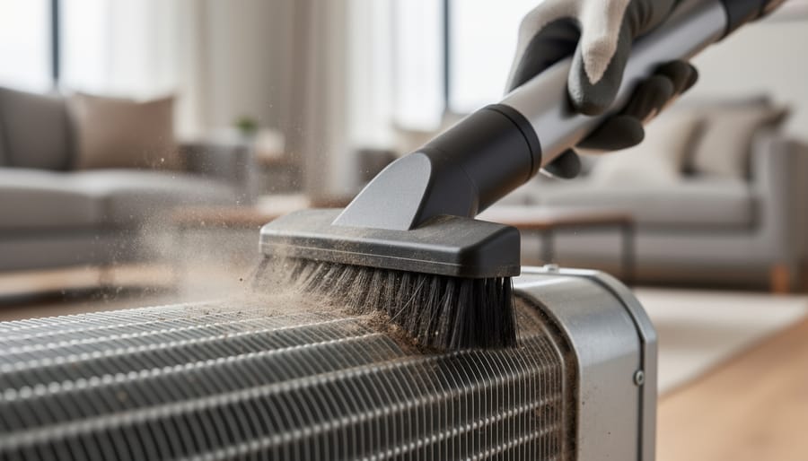 Gloved hands vacuuming a fan coil evaporator coil using a brush attachment.