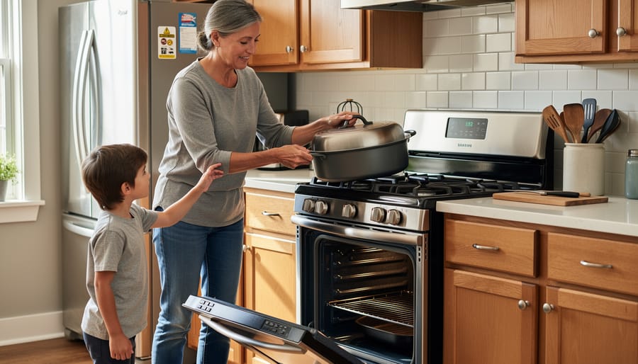Hands moving a heavy casserole dish away from an open oven door to a countertop
