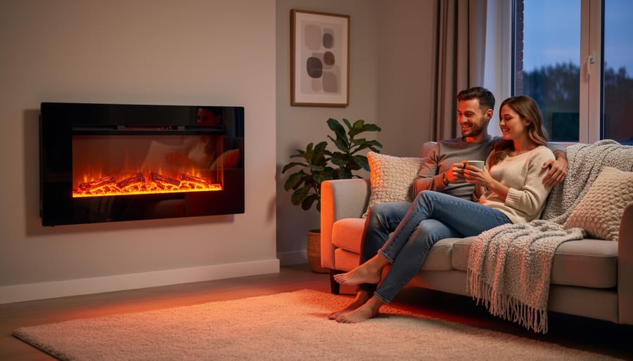 Homeowner relaxing on a couch in a living room with a warm electric fireplace insert providing comfortable infrared heat.