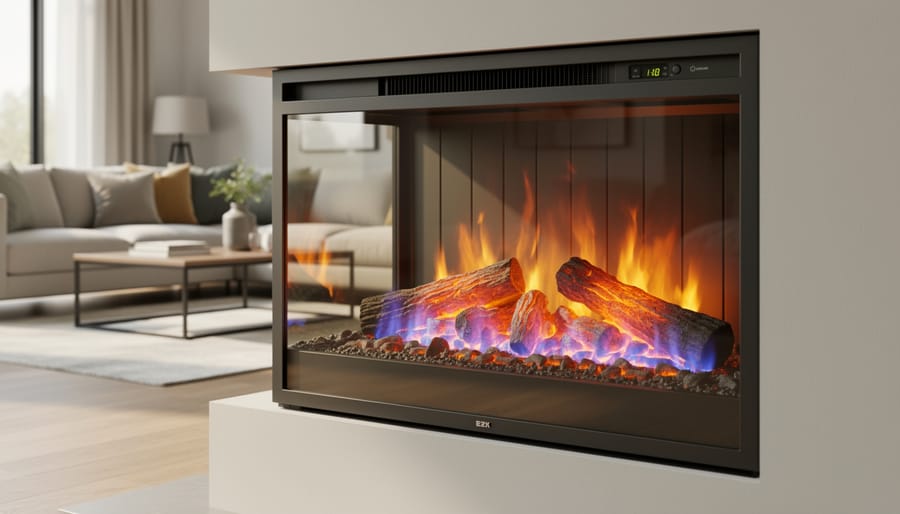 Modern living room with a 3D electric fireplace insert showing realistic layered flames and a glowing ember bed.