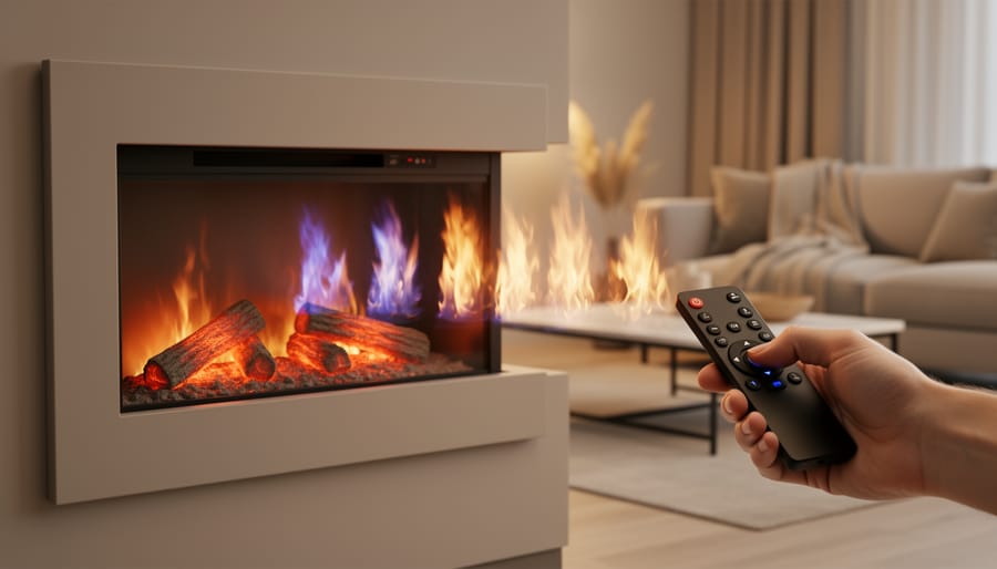 Person holding a smartphone remote beside a 3D electric fireplace insert with warm flame glow in the background.