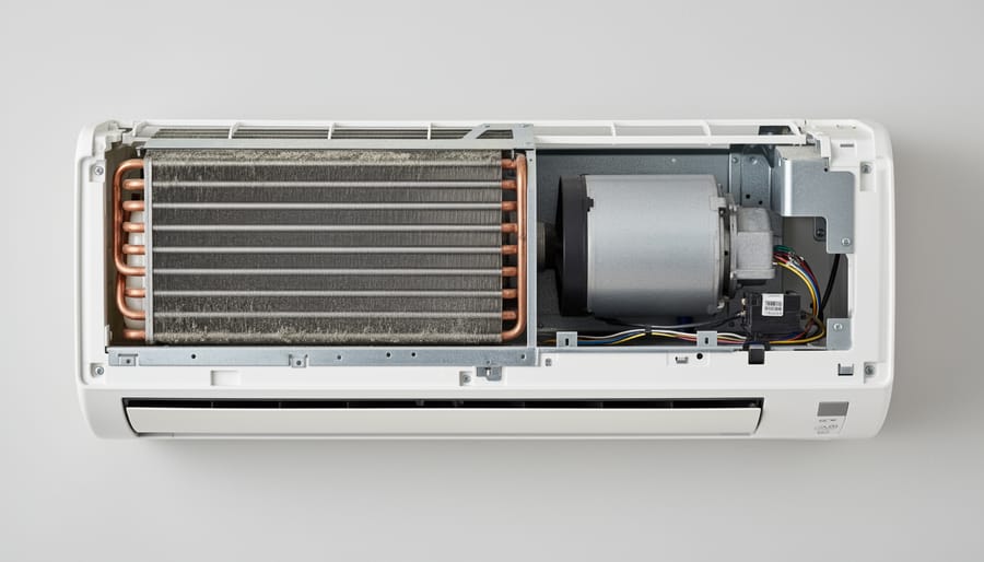 Residential fan coil unit with the access panel removed showing the coils and fan housing.
