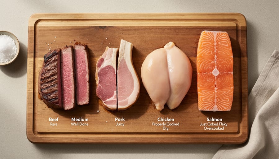 Assorted slices of cooked meats on a plate showing different doneness textures