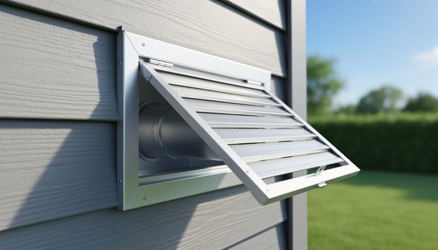 Exterior dryer vent cap on a home wall with sunlight illuminating the vent opening