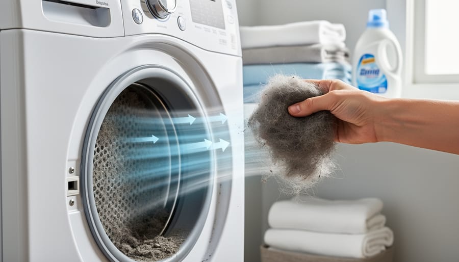 Gloved hand holding lint collected from a dryer lint trap in a clean laundry room sink area
